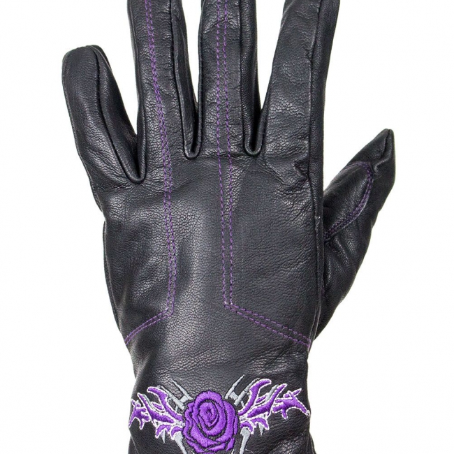Purple-Rose Graphic Embroidered Naked Leather Gloves