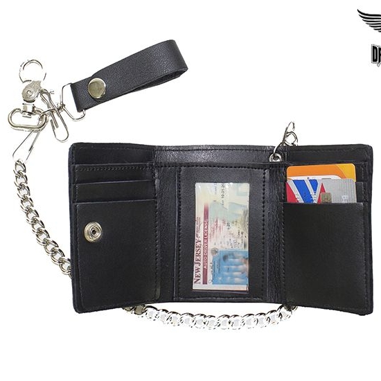 Classic Plain Black Biker Tri-Fold Chain Wallet