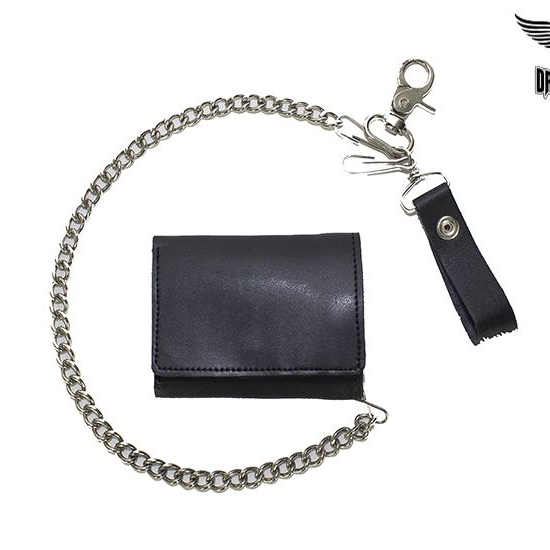 Classic Plain Black Biker Tri-Fold Chain Wallet