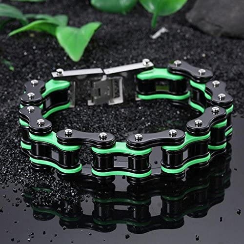 Men's Stainless Steel Black & Green Heavy Duty Motorcycle Bike Chain Bracelet  