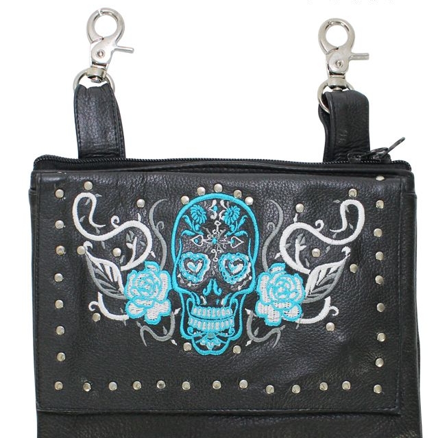 Studded Turquoise & White Sugar Skull Naked Cowhide Leather Belt Bag w/ Concealed Carry Gun Pocket