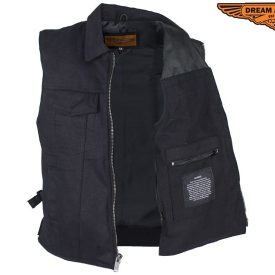 Men’s Black Denim Motorcycle Club Vest with Folded Collar & Hidden Snaps