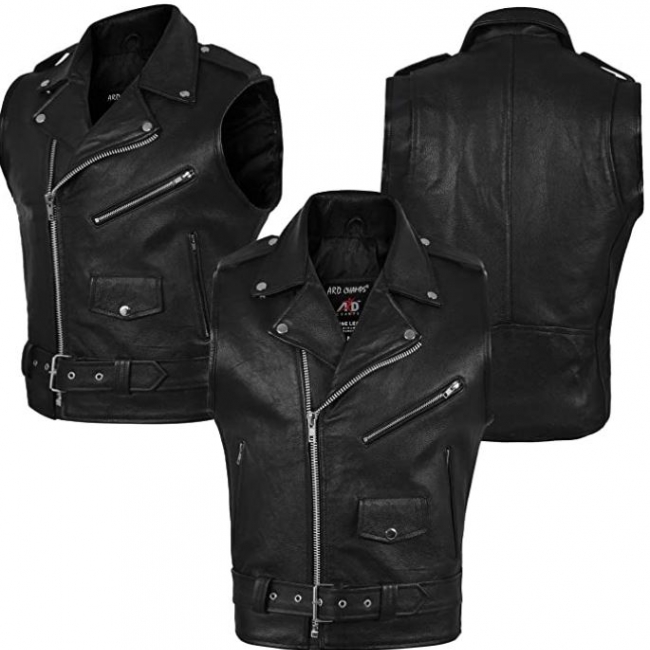 Men's Leather Biker Vest With shoulder Epaulets 