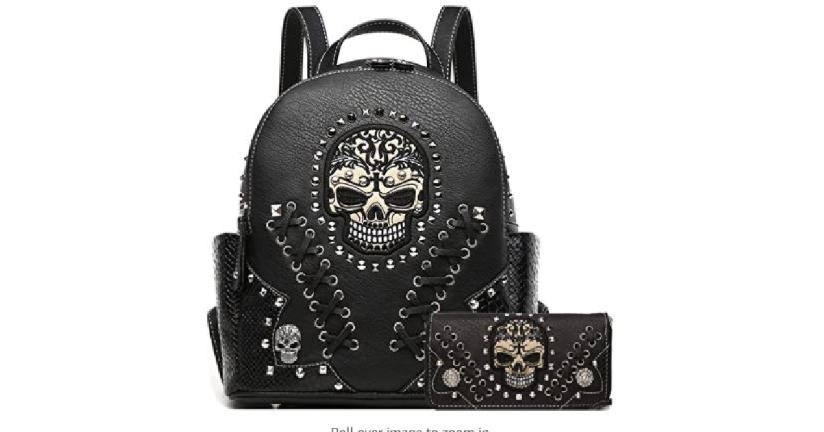 Sugar Skull Studded Ladies Biker Backpack with Matching Clutch Wallet 