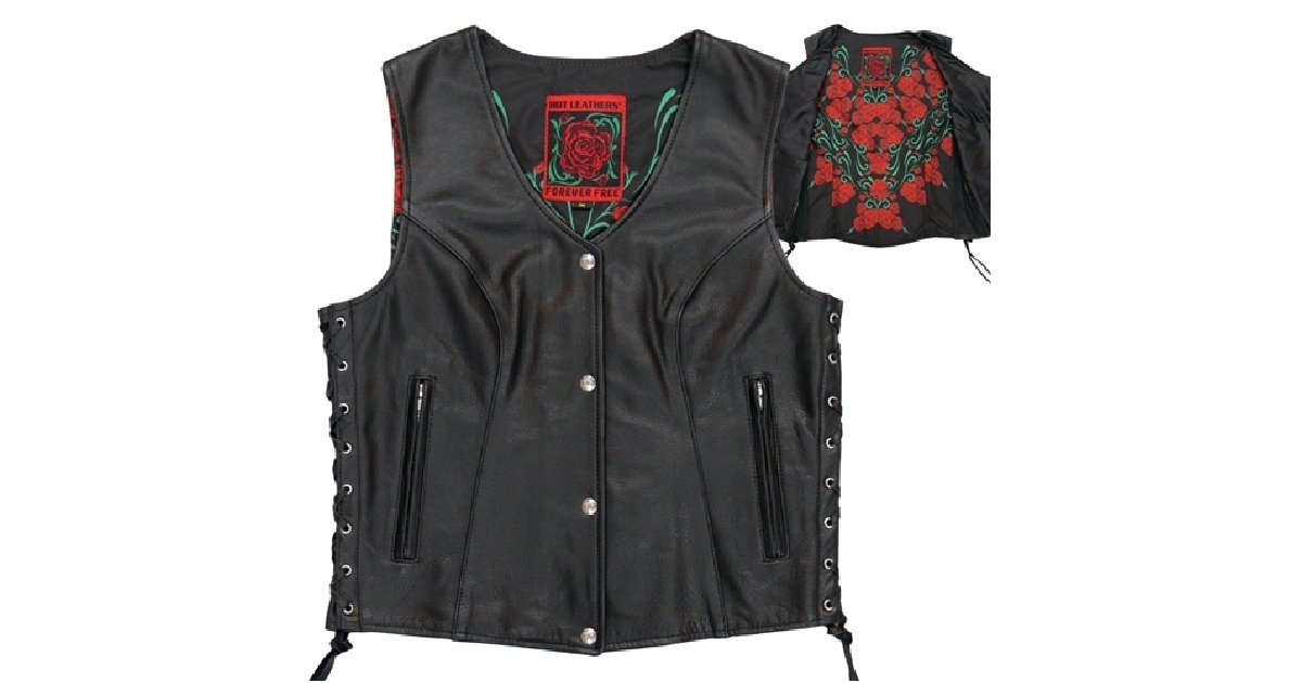 Hot Leathers Ladies' Red Rose Lined Vest With Concealed Carry Pocket