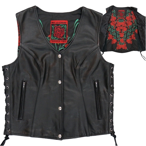 Hot Leathers Ladies' Red Rose Lined Vest With Concealed Carry Pocket