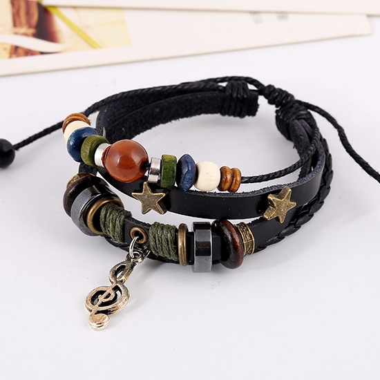Musical Note Rope Leather Earth Bracelet w/ Tan, Turquoise & Metal Accents