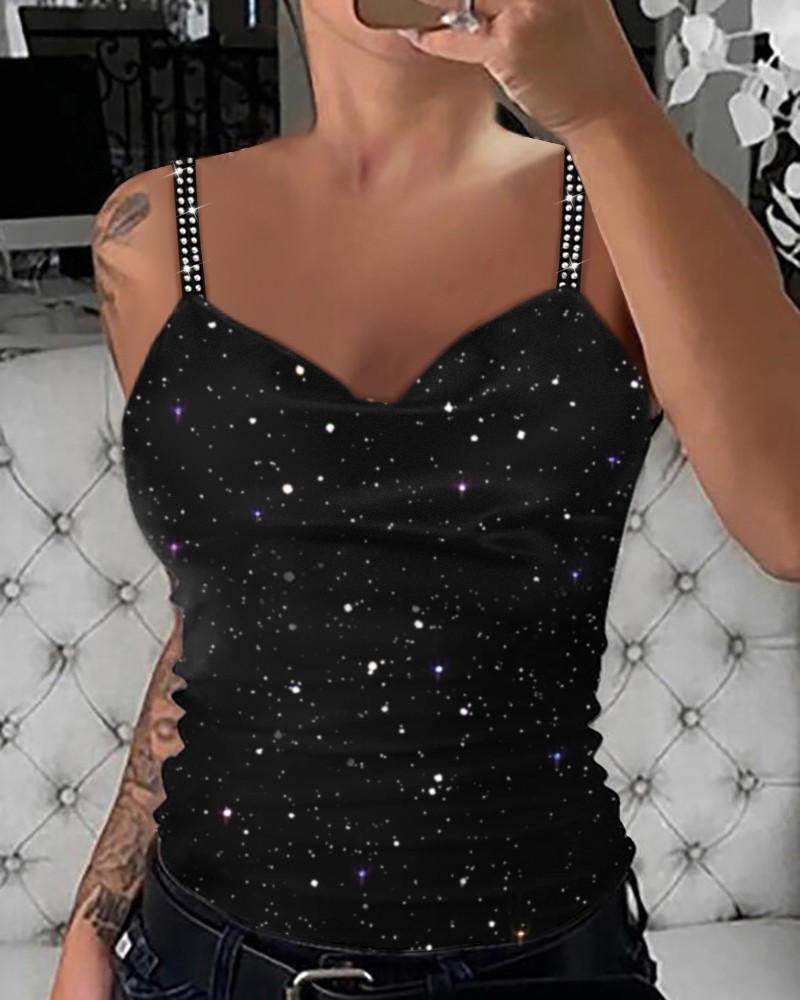 Ladies Rhinestone Glitter Cowl Neck Cami Top