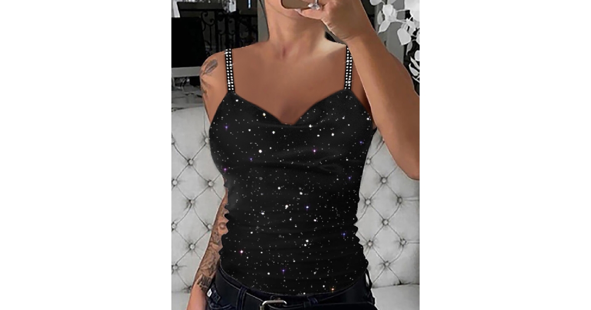 Ladies Rhinestone Glitter Cowl Neck Cami Top