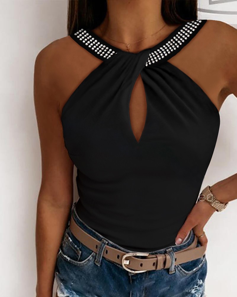 Rhinestone Keyhole Neck Tank Top