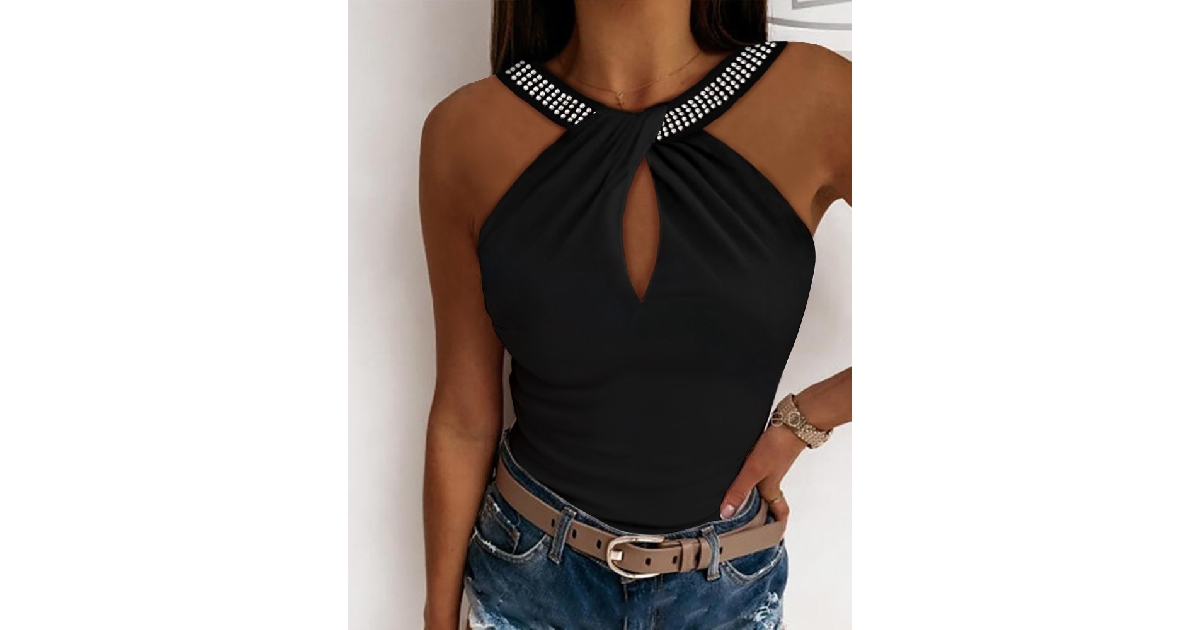 Rhinestone Keyhole Neck Tank Top