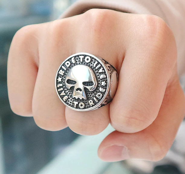 Jumbo Stainless Steel Live to Ride Skull Ring