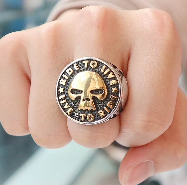 Jumbo Stainless Steel Live to Ride Skull Ring