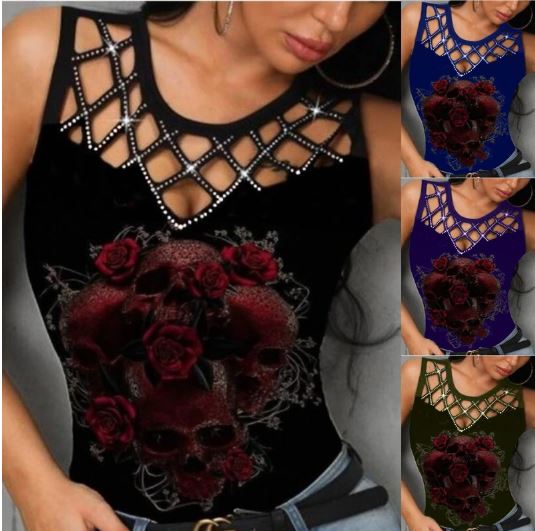 Ladies Rosy Skull Rhinestone Top