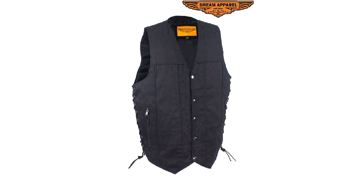 Men’s Black Denim Motorcycle Vest with Concealed Gun Pockets
