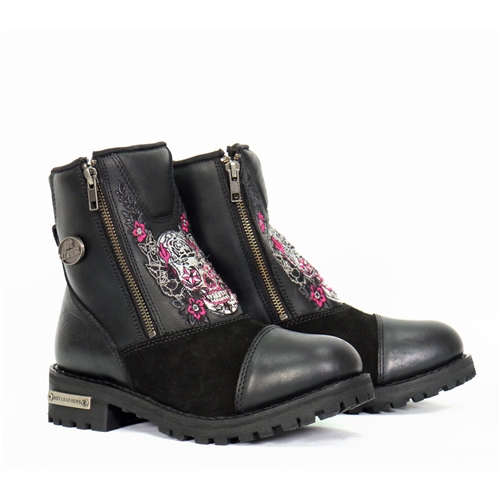 Hot Leathers Double Zip Sugar Skull Ladies Cap Toe Leather Boot