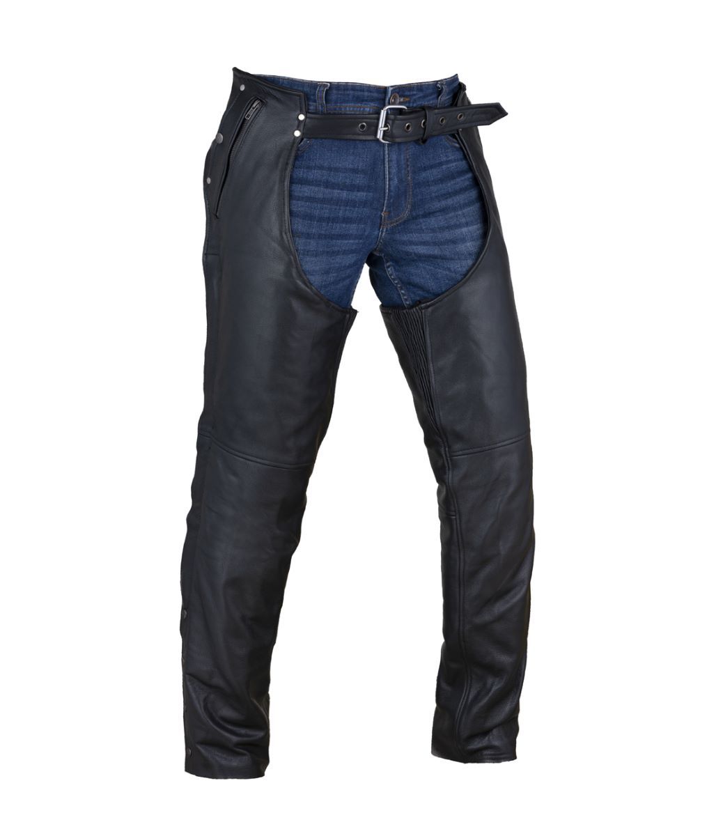 Black Multi-Pocket Naked Cowhide Leather Chaps With Zipout liner