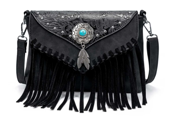 Western Fringe Shoulder Bag Purse with Turquoise Concho