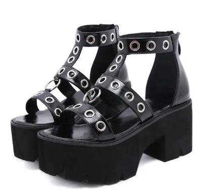 Black Platform Sandals with Strappy Open Toe Buckle 