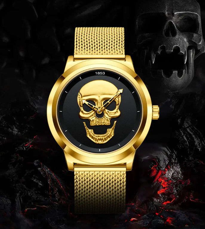 Mens Gold Black Skull Stainless Steel Wristwatch