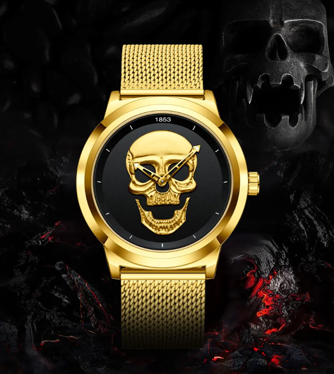 Men's Gold Black Skull Stainless Steel Wristwatch