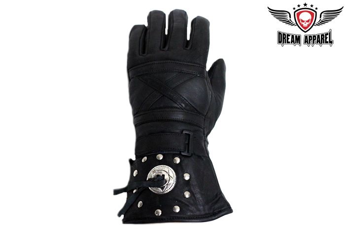 Leather Gauntlet Motorcycle Gloves With Concho