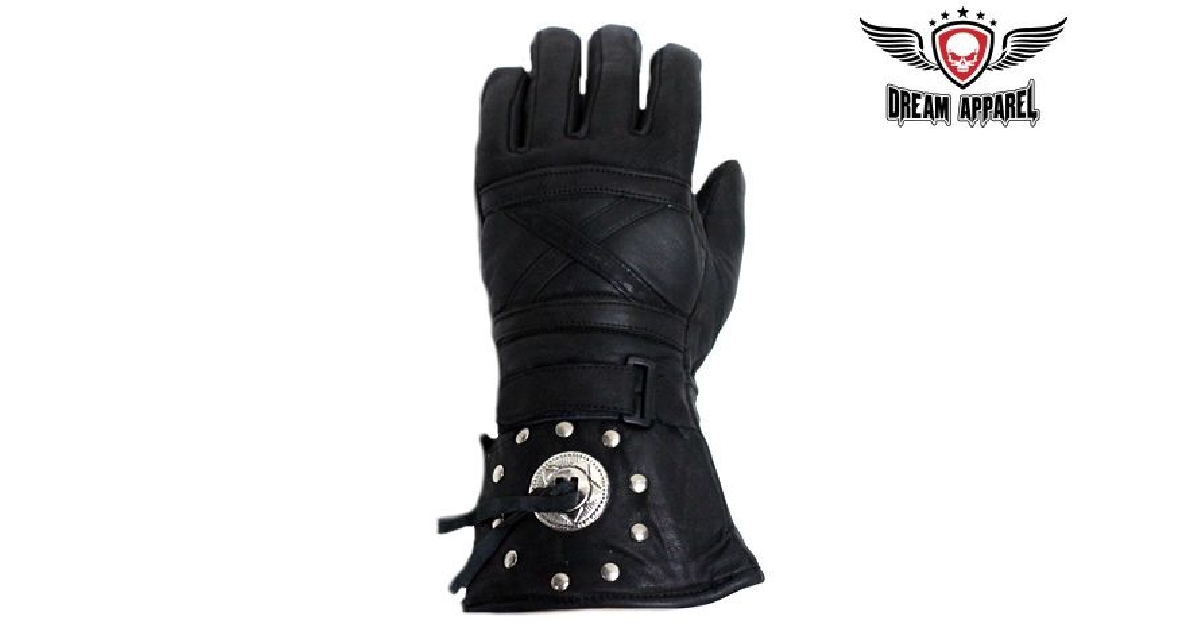 Leather Gauntlet Motorcycle Gloves With Concho