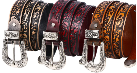 Ladies Designer Flower Pattern Leather Belts - 3 Colors