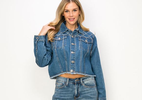 Women's Rhinestone Detailed Fringe Cut Denim Jacket