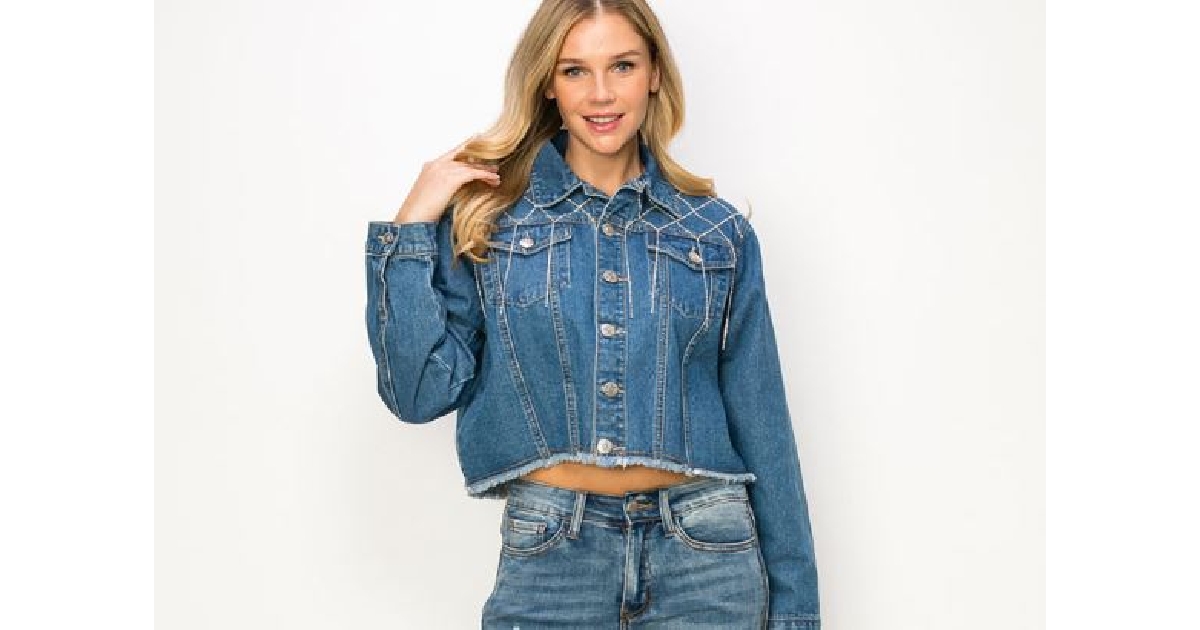 Women's Rhinestone Detailed Fringe Cut Denim Jacket