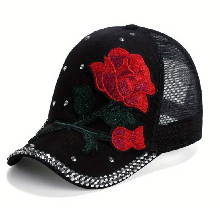 Ladies Red Rose Bling Baseball Cap