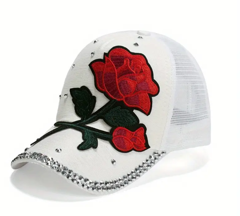 Ladies Red Rose Bling Baseball Cap