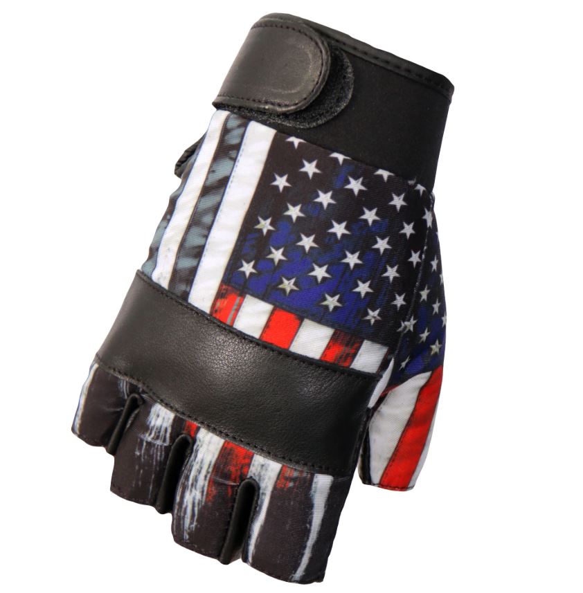 Hot Leathers Black 'Heartbeat USA Flag' Fingerless Leather Gloves