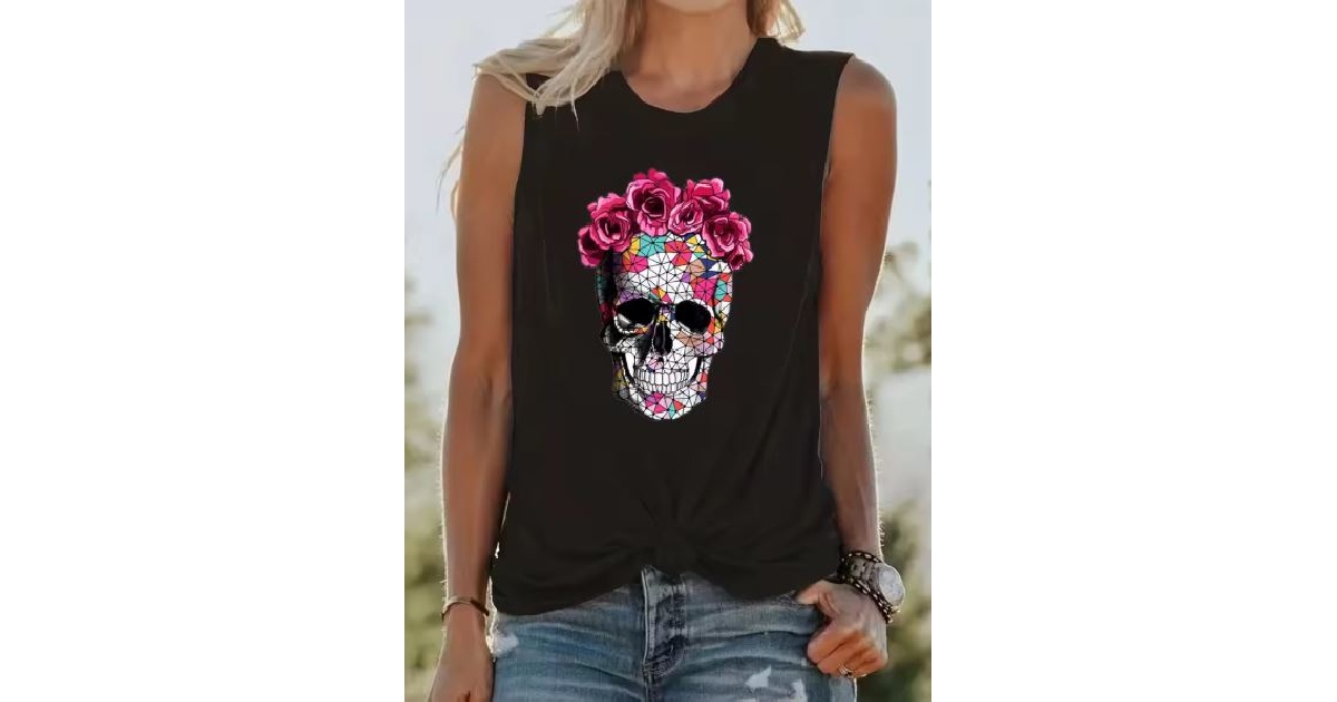 Women's Summer Skeleton Rose Print Tank Top 