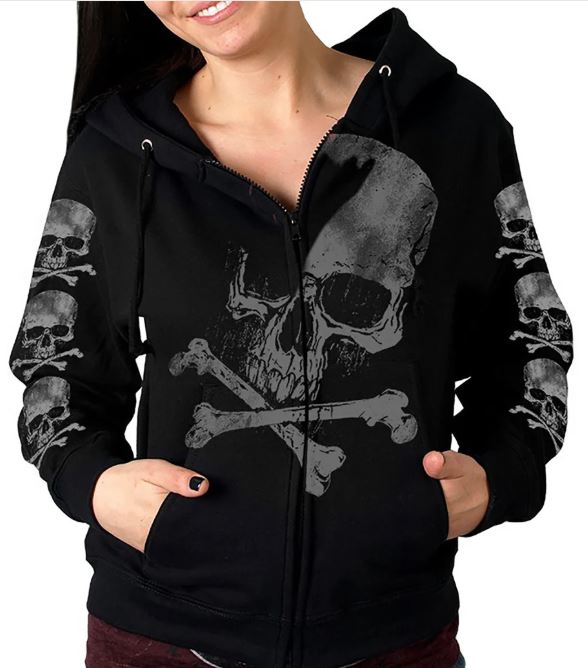 X Bones Gray Ladies Black Zipper Hoodie