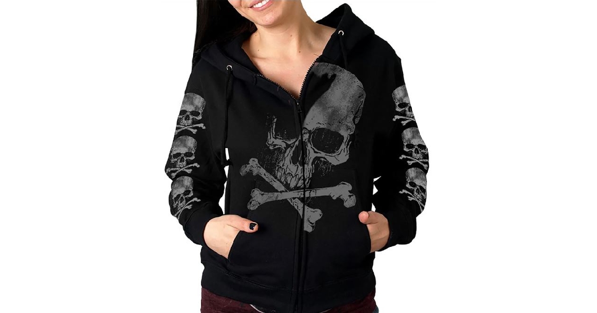 X Bones Gray Ladies Black Zipper Hoodie