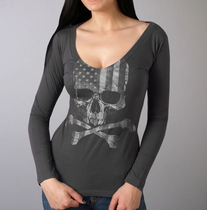 Flag Skull Ladies Smoke Color Long Sleeve Shirt
