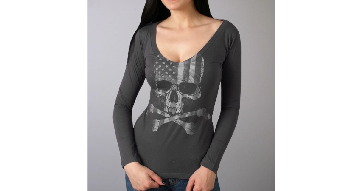Flag Skull Ladies Smoke Color Long Sleeve Shirt