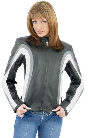 Women's Leather Motorcycle Jacket With Gray & White