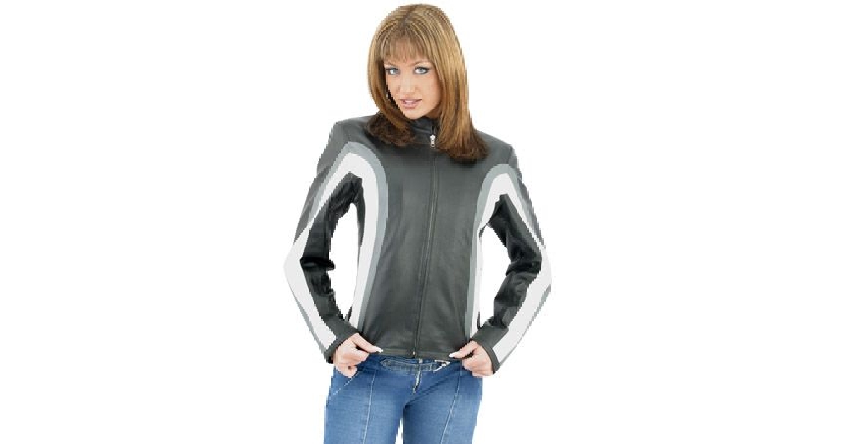 Women's Leather Motorcycle Jacket With Gray & White