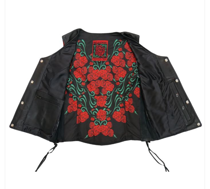 Hot Leathers Ladies' Red Rose Lined Vest With Concealed Carry Pocket