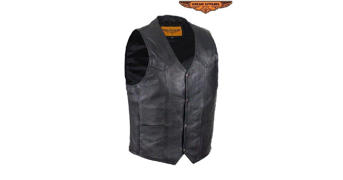 Mens Plain Biker Black Leather Vest with Concealed Carry