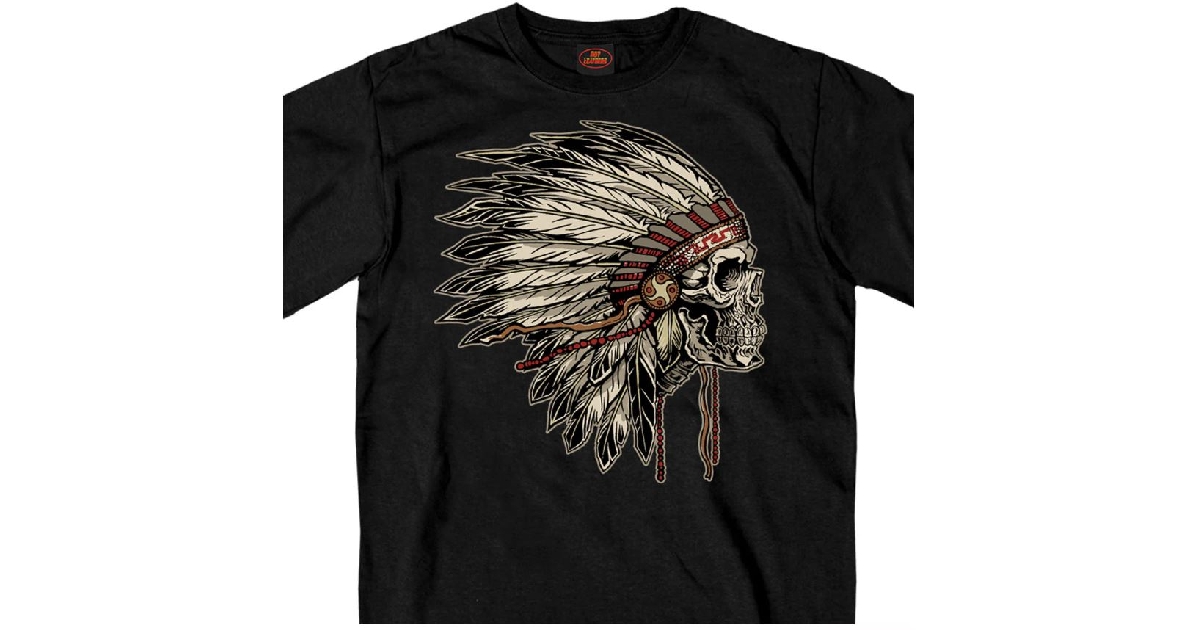 Hot Leathers Men’s ‘Indian Skull Head Dress’ Black T-Shirt