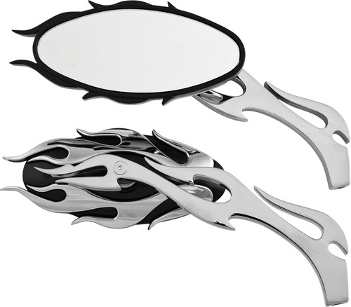 HARDDRIVE MIRRORS FLAME W/FLAME STEM BLACK/CHROME