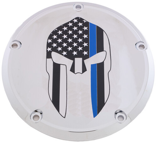 CUSTOM ENGRAVING 7   M8 FLT/FLH DERBY COVER SPARTA BLUE LINE CHROME